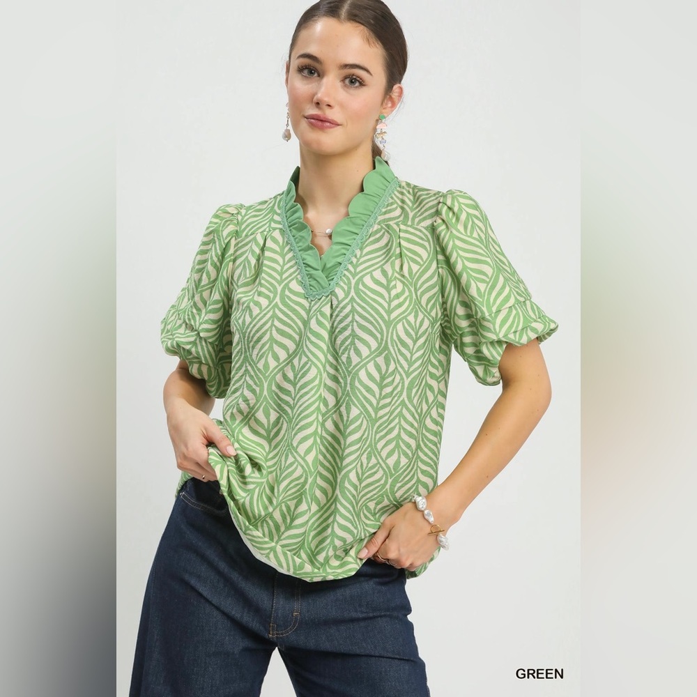 💚 Umgee Printed Puff Sleeve Ruffle Neck Top 💚🛍️ - Picture 3 of 7